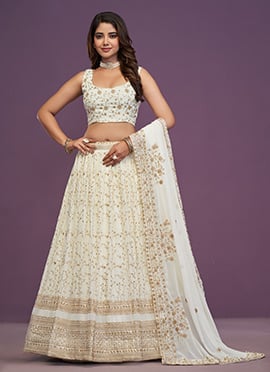 White Faux Georgette Zari Embroidered Sequins Elegant Lehenga