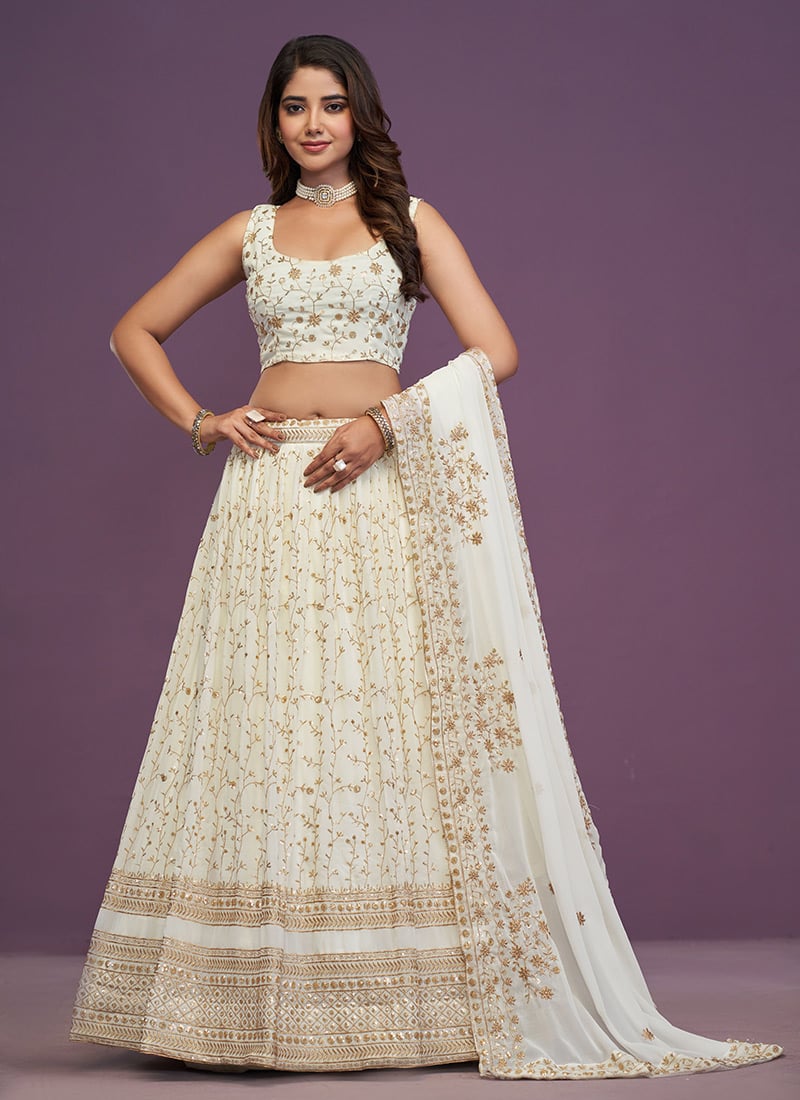 White Faux Georgette Zari Embroidered Sequins Elegant Lehenga