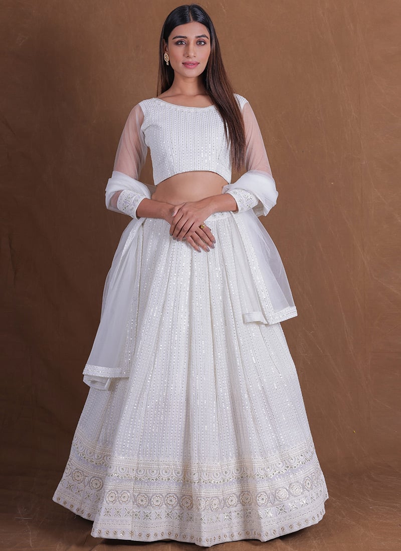 White Faux Georgette Zari Sequins Ravishing Lehenga Wedding Wear