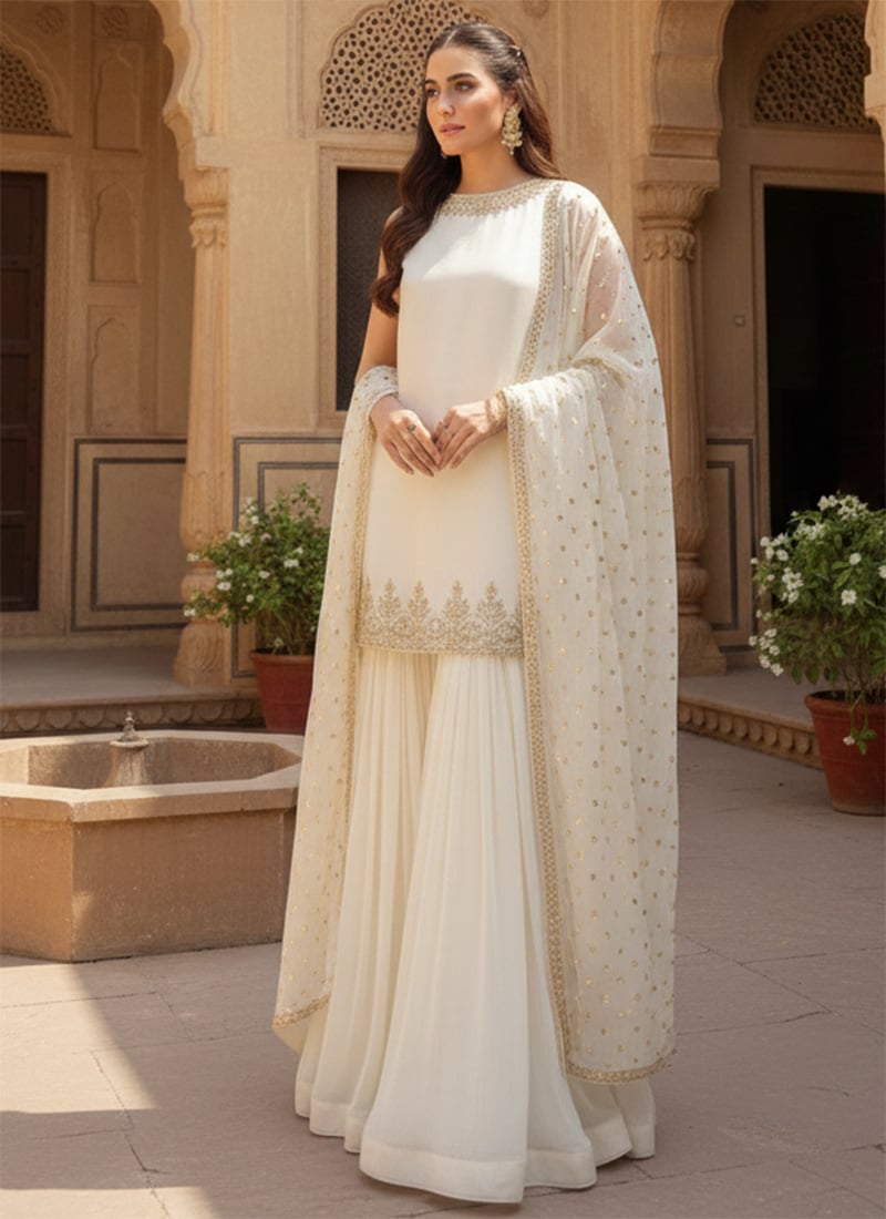 White Faux Georgette Zari Sequins Sharara Suit Wedding Wear