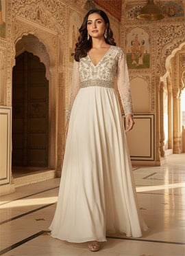 White Faux Georgette Zari Sequins Stones Hand Embroidered Cut Dana Gown