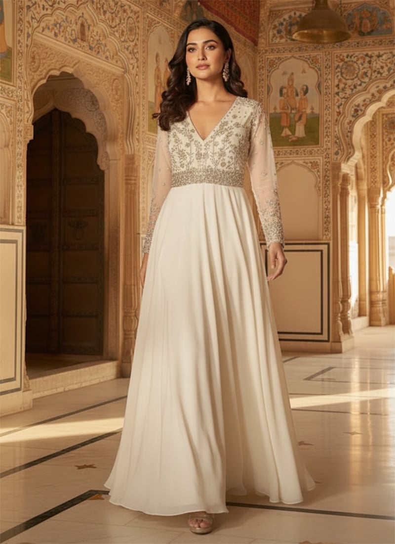 White Faux Georgette Zari Sequins Stones Hand Embroidered Cut Dana Gown After Six Wear