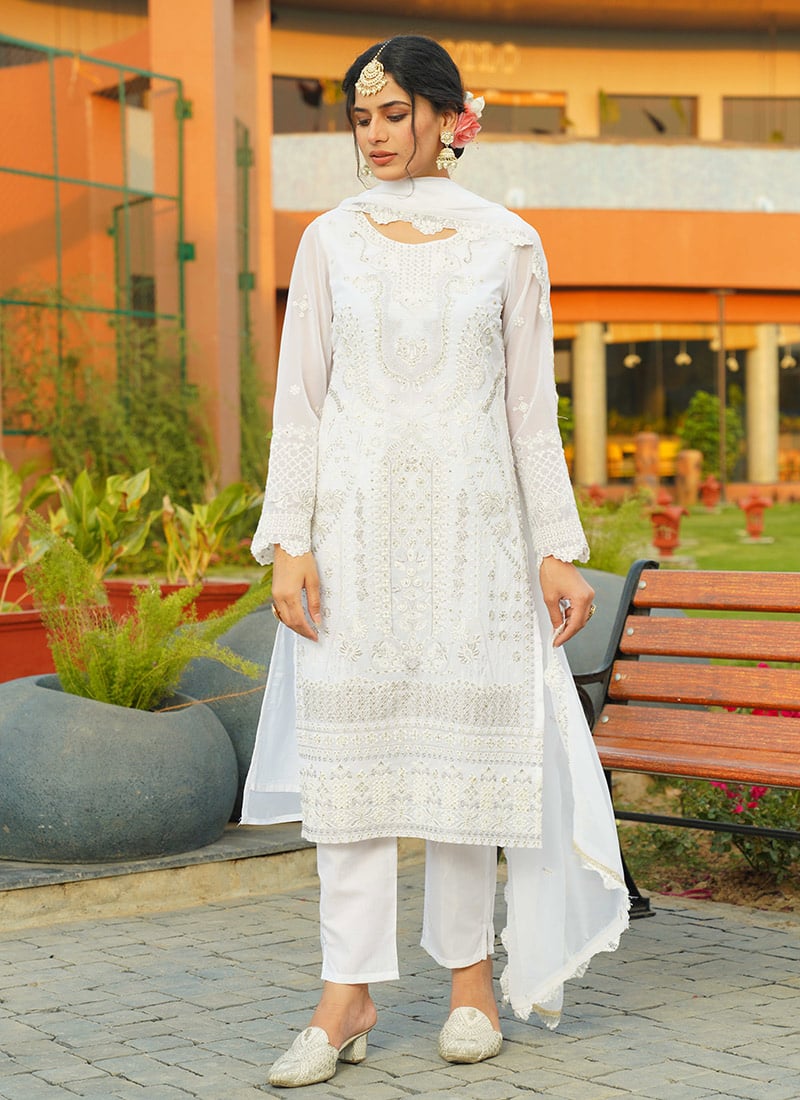 White Faux Georgette Zarkan Embroidered Stone Work Straight Pant Suit Festive Wear