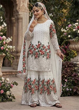 White Fendy Silk Sequins Embroidered Sharara Suit Set