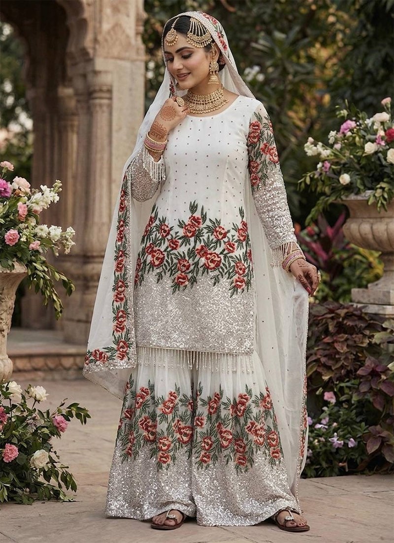 White Fendy Silk Sequins Embroidered Sharara Suit Set Festive Wear