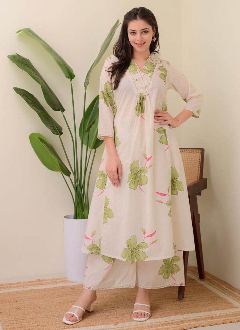 White Floral Printed Cotton Kurta Palazzo Set After Six Wear