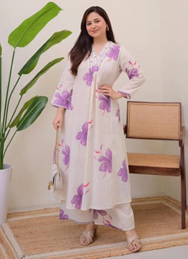 White Floral Printed Cotton Kurta Palazzo Set