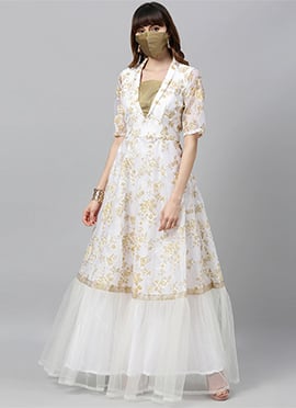 White Foil Print Organza Gathers Gown