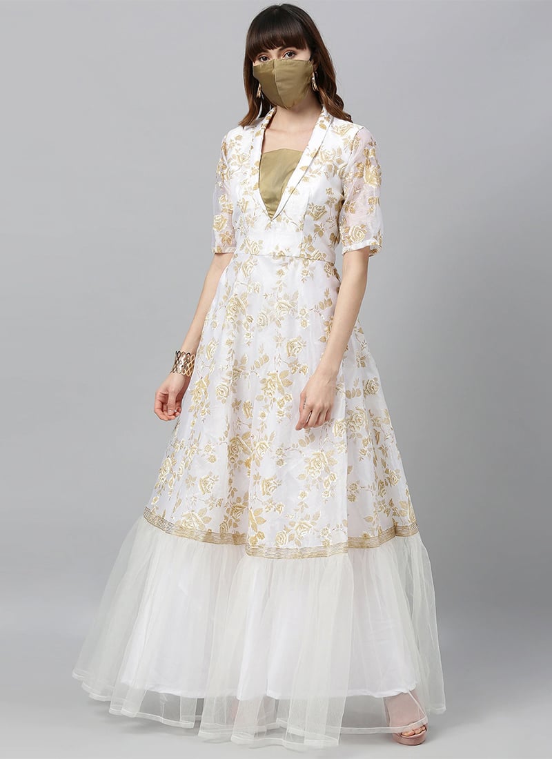White Foil Print Organza Gathers Gown