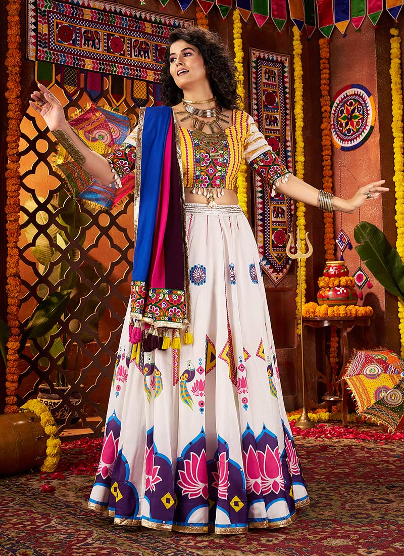 White Gajji Silk Kutch Work And Printed Chaniya Choli Festive Wear