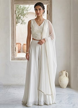 White Georgette Beads Hand Embroidered Indowestern Palazzo Set