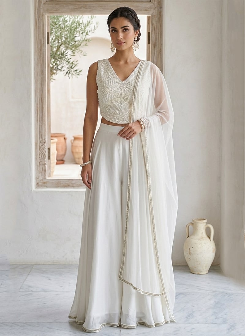 White Georgette Beads Hand Embroidered Indowestern Palazzo Set Wedding Wear