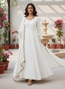 White Georgette Beads Sequins Anarkali Suit