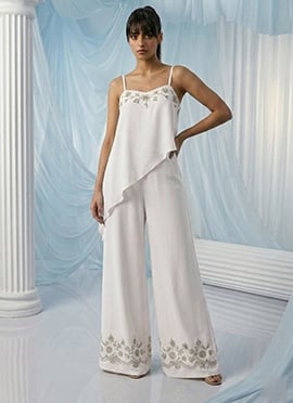 White Georgette Beads Zari Hand Embroidered Indowestern Asymmetric Palazzo Set