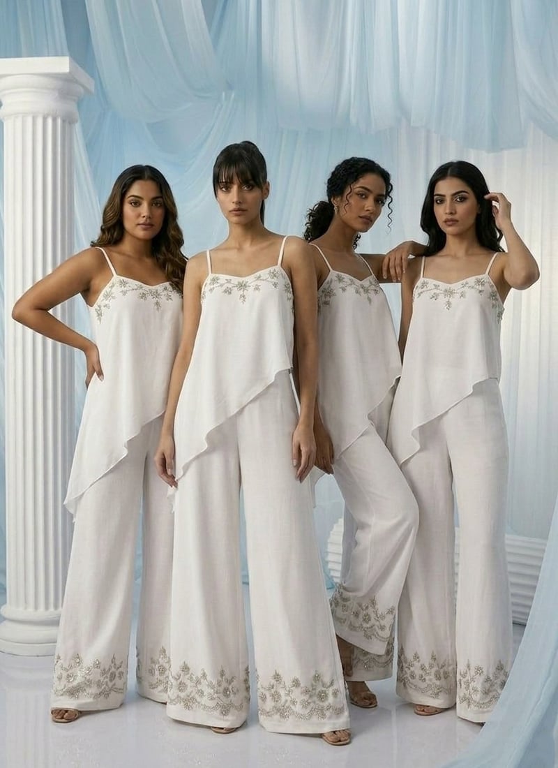 White Georgette Beads Zari Hand Embroidered Indowestern Asymmetric Palazzo Set Wedding Wear