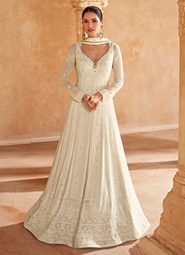 White Georgette Chikankari Embroidered Stone Work A Line Anarkali Suit