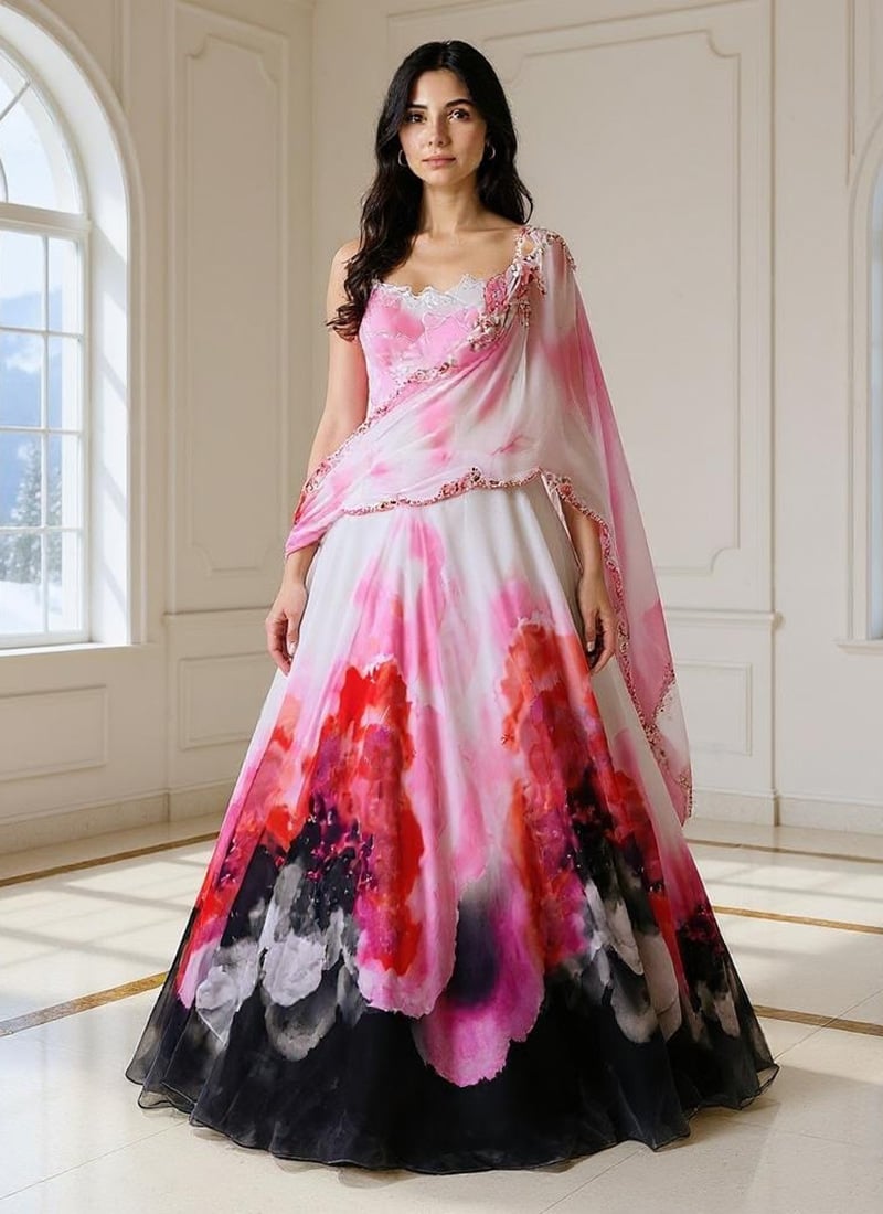 White Georgette Digital Print Beads And Stone Work Lehenga Wedding Wear