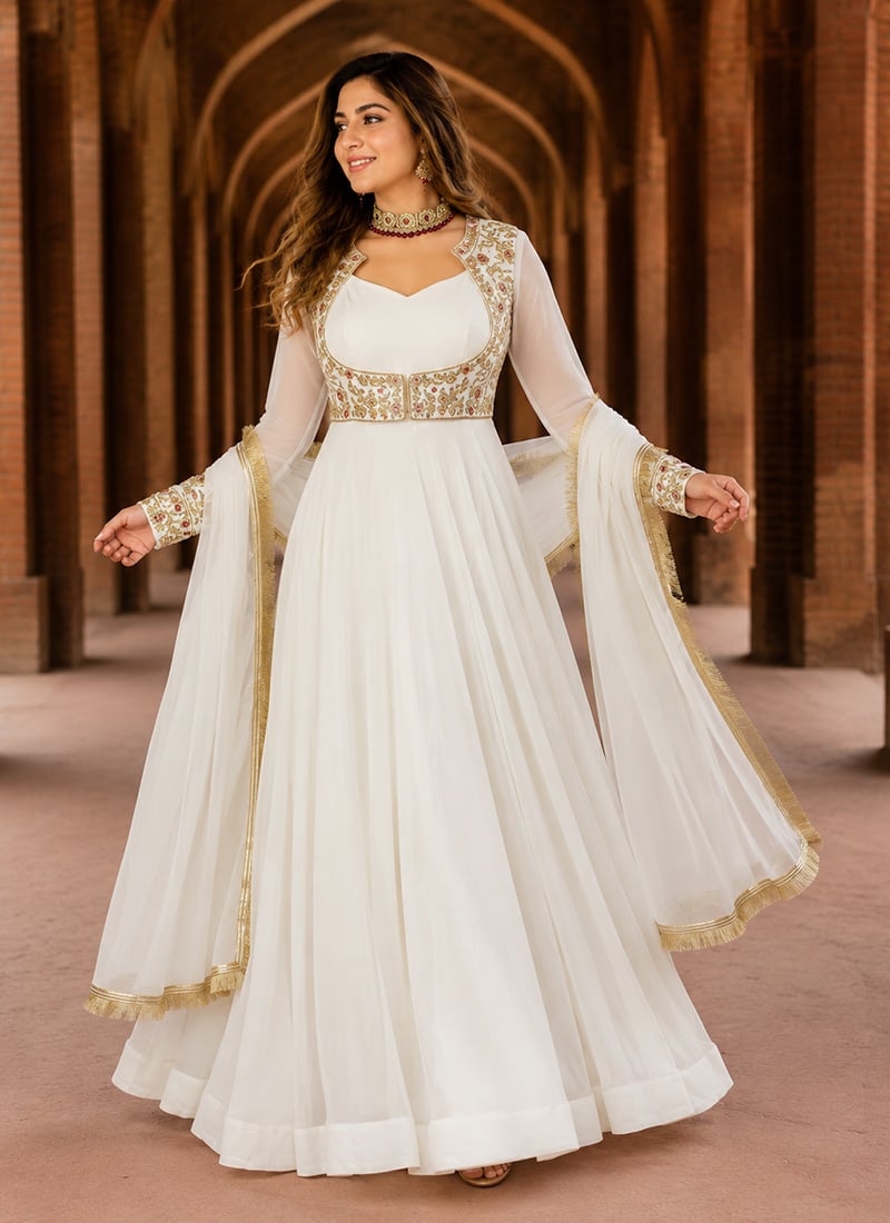 White Georgette Embroidered Anarkali Suit After Six Wear