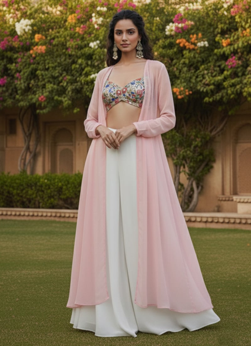 White Georgette Embroidered Indo Western Jacket Skirt Set Festive Wear