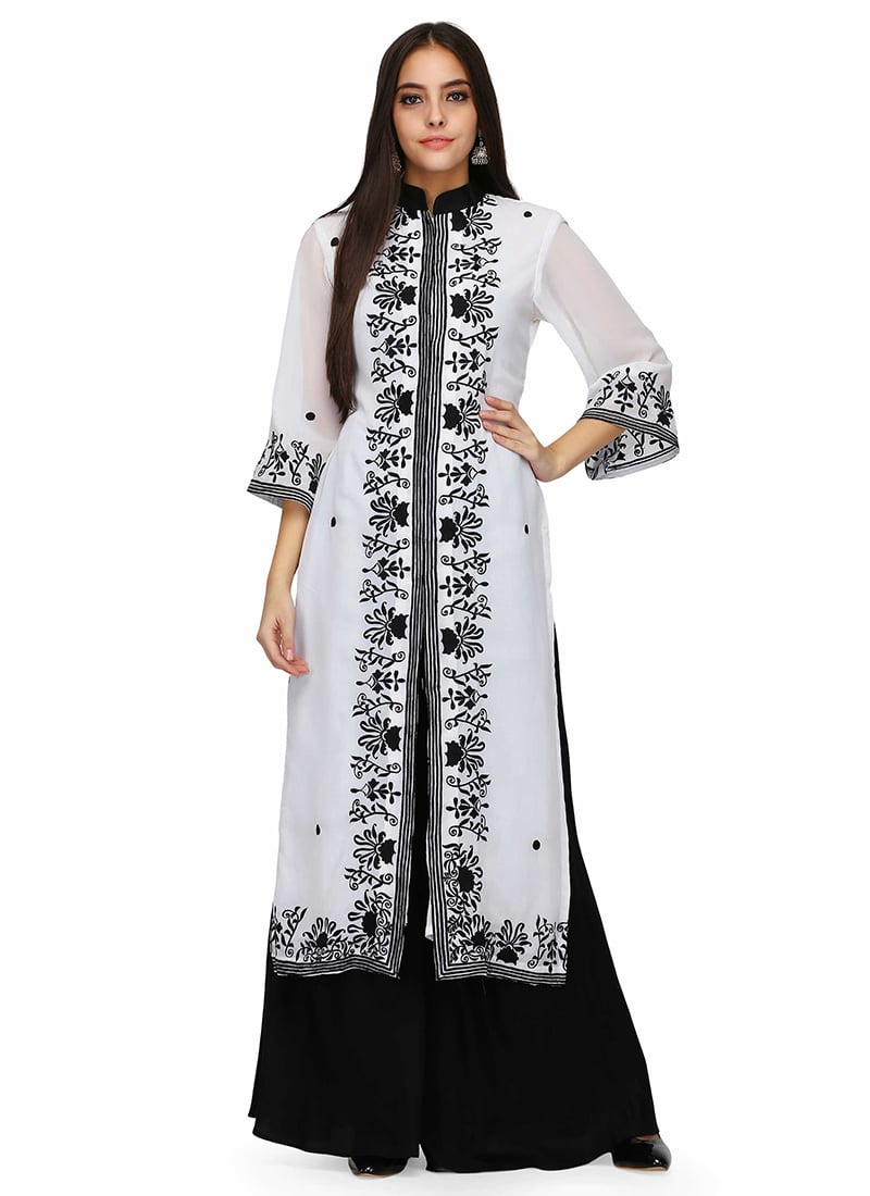White Georgette Embroidered Kurti Palazzo Set