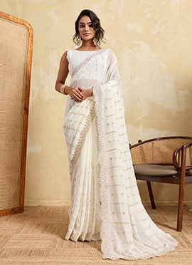 White Georgette Embroidered Saree