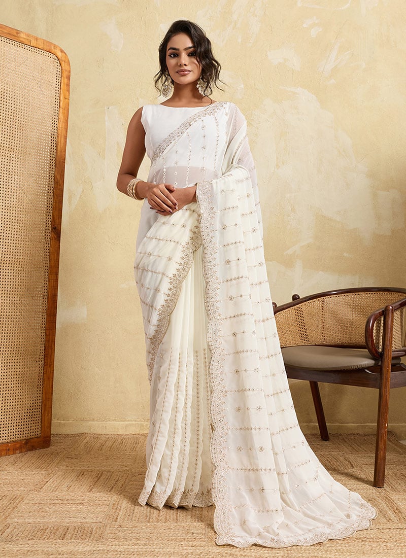 White Georgette Embroidered Saree Festive Wear
