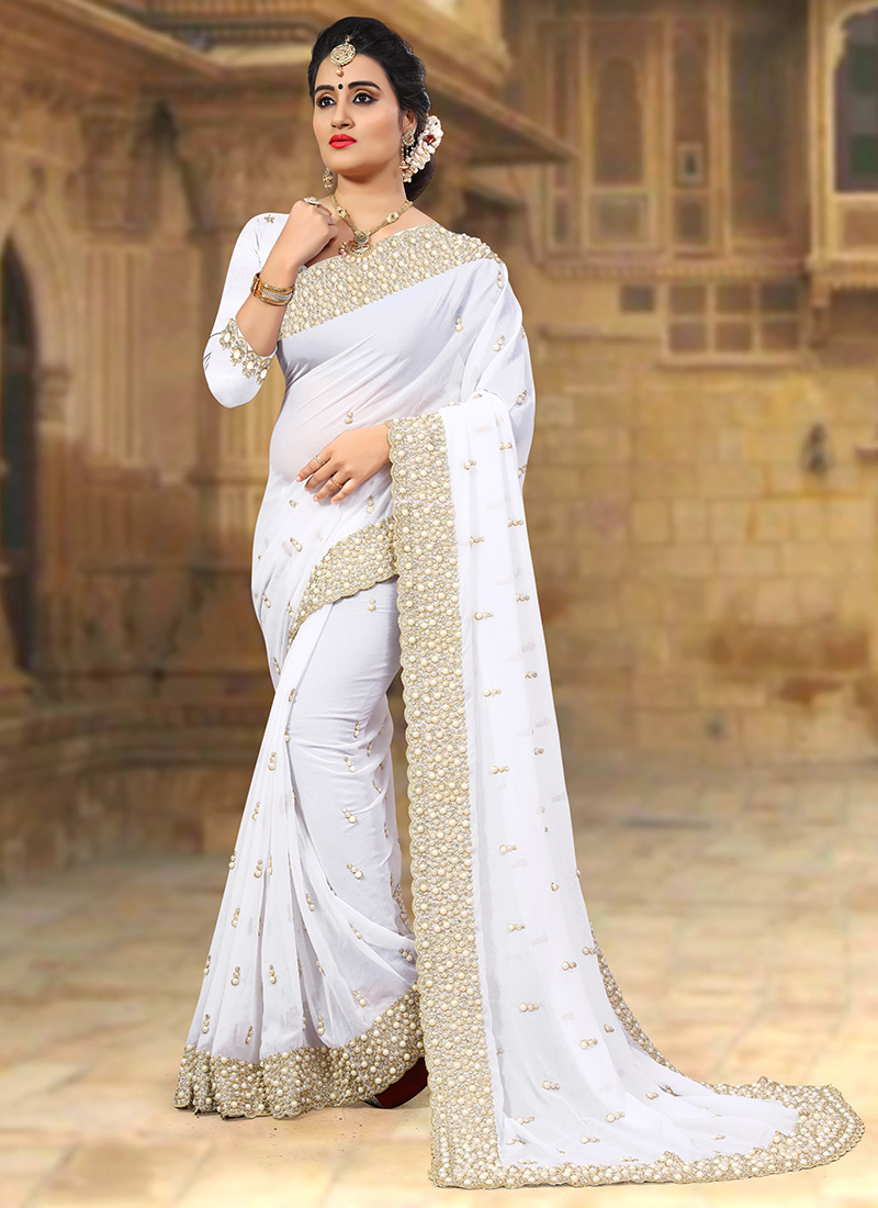 White Georgette Embroidered Saree