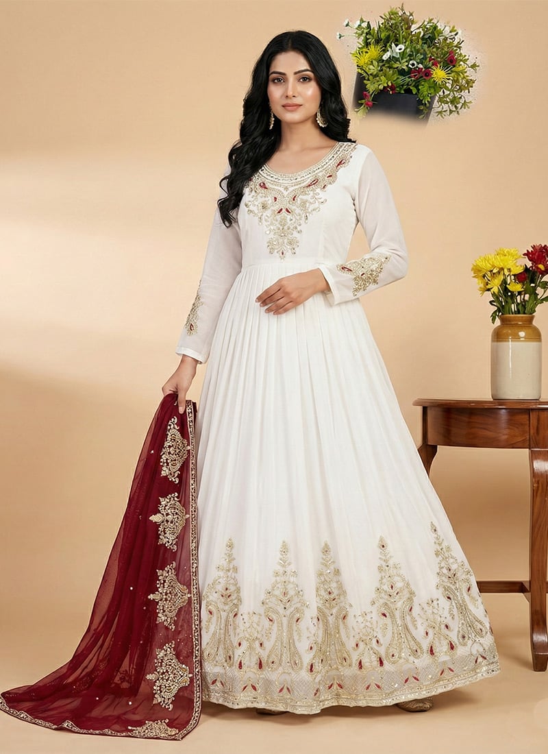 White Georgette Embroidered Sequins Anarkali Suit Festive Wear