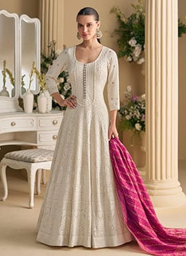 White Georgette Embroidered Sequins Chikankari Anarkali Suit