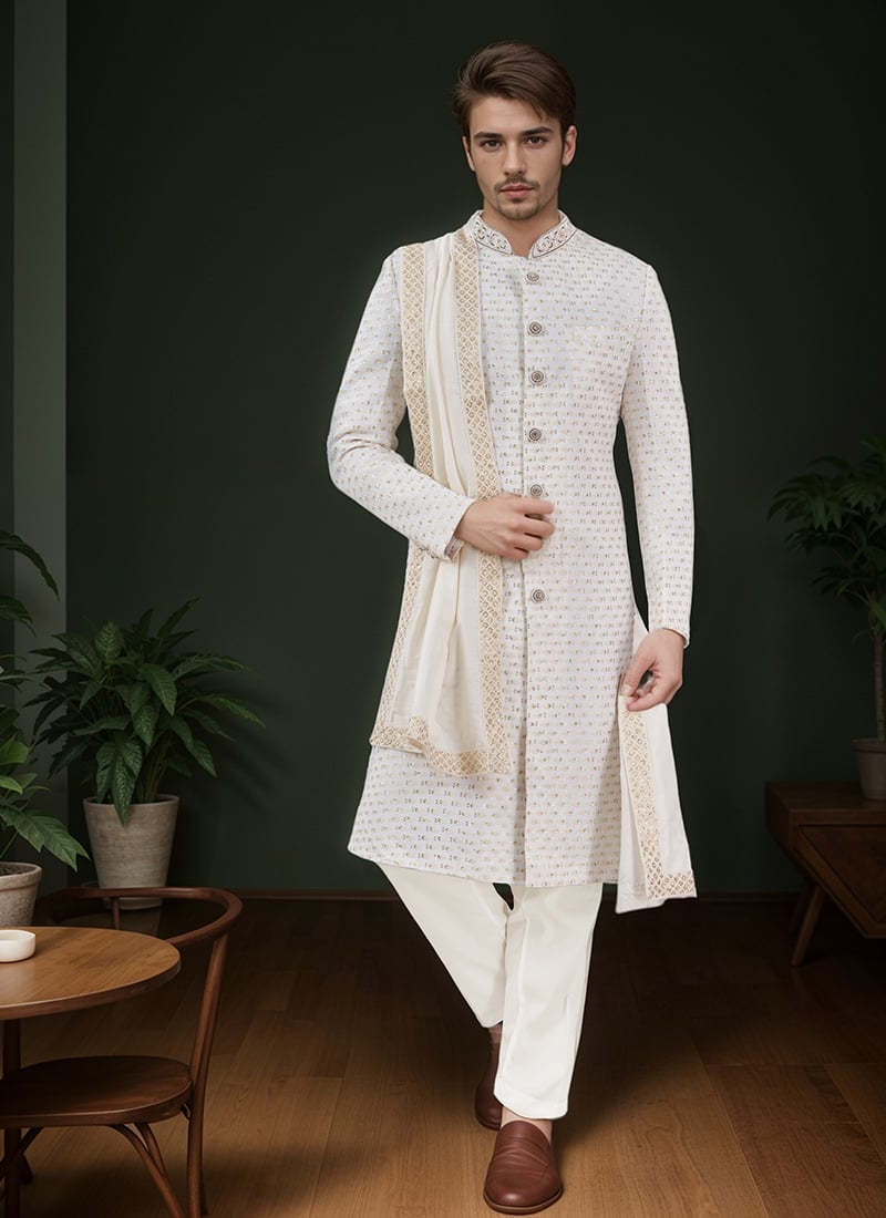 White Georgette Embroidered Sequins Classic Sherwani Wedding Wear