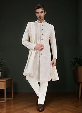 White Georgette Embroidered Sequins Classic Sherwani