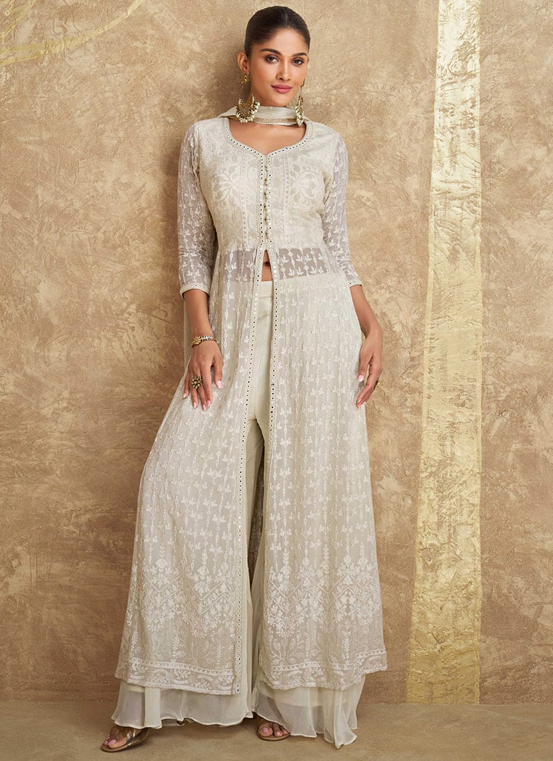 White Georgette Embroidered Sequins High Slit Stunning Palazzo Suit Wedding Wear