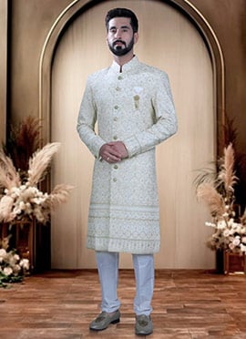 White Georgette Embroidered Sequins Indowestern Sherwani  For Men