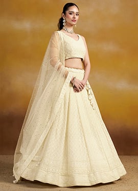 White Georgette Embroidered Sequins Lehenga  Wedding Wear