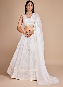 White Georgette Embroidered Sequins Lehenga With Choli And Dupatta