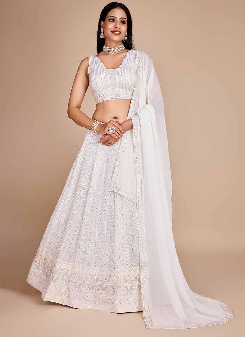 White Georgette Embroidered Sequins Lehenga With Choli And Dupatta Party Wear