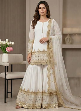 White Georgette Embroidered Sequins Sharara Suit