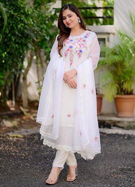 Off White Georgette Embroidered Sequins Staight Pant Suit