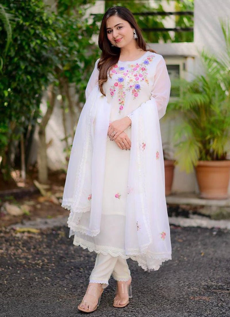 Off White Georgette Embroidered Sequins Staight Pant Suit After Six Wear