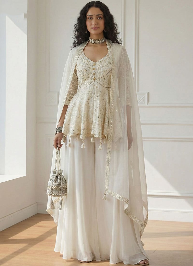 White Georgette Embroidered Sequins With Stone Work Palazzo Suit Festive Wear