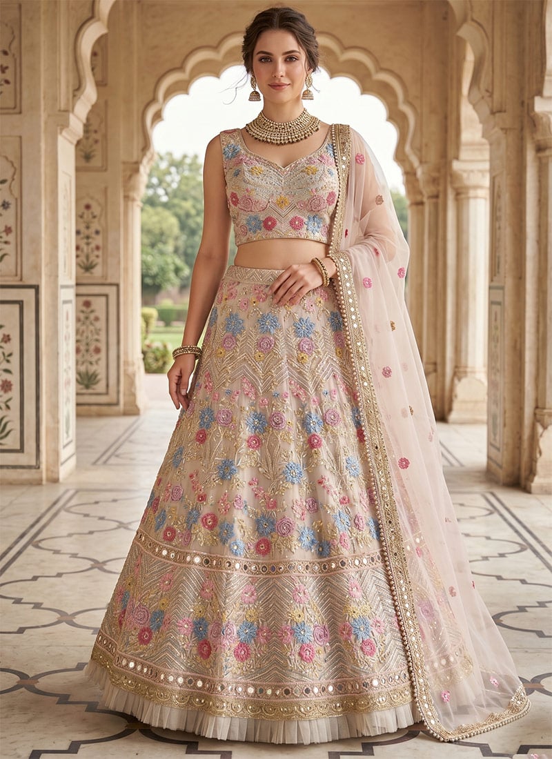 White Georgette Embroidery Sequins Lehenga Wedding Wear