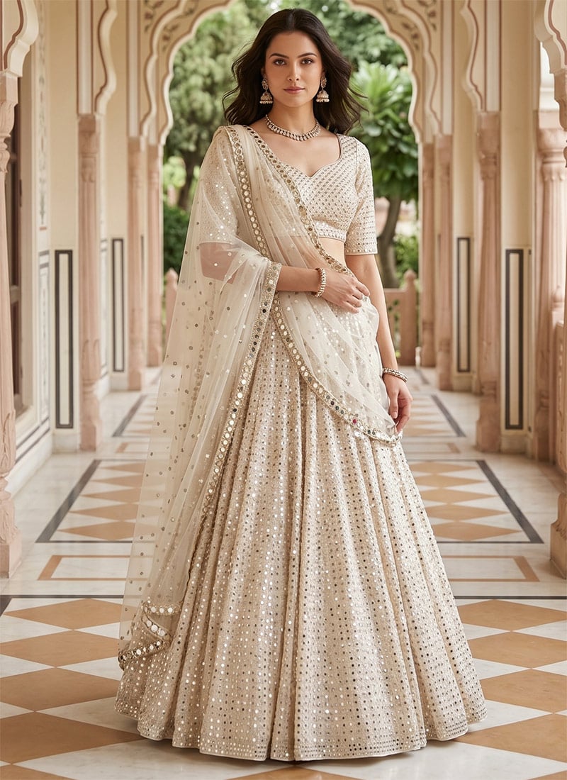 White Georgette Embroidery Sequins Lehenga Wedding Wear
