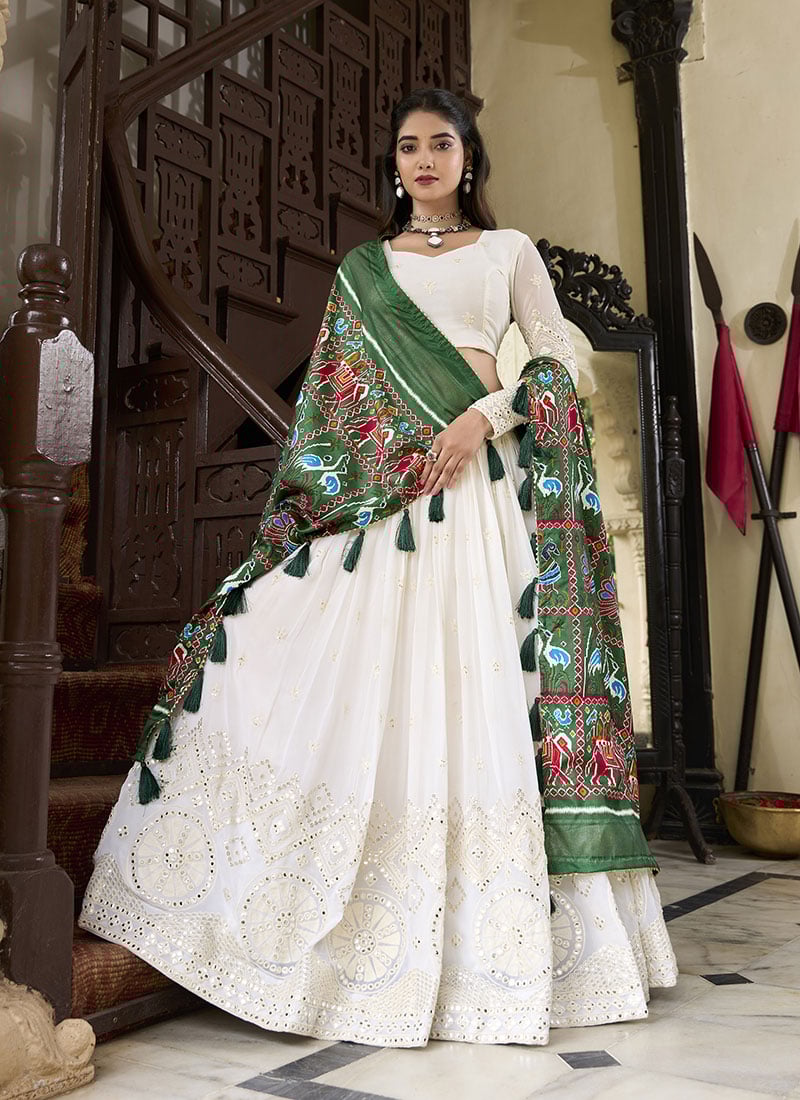 White Georgette Foil And Mirror Work Chaniya Choli Festive Wear