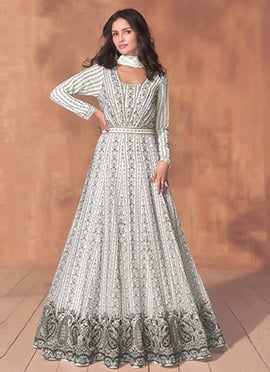 White Georgette Gota Embroidered Sequins A Line Anarkali Suit