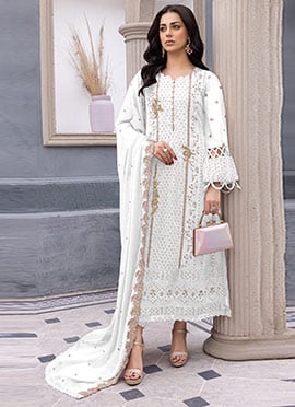 White Georgette Hand Embroidered Pakistani Straight Pant Suit