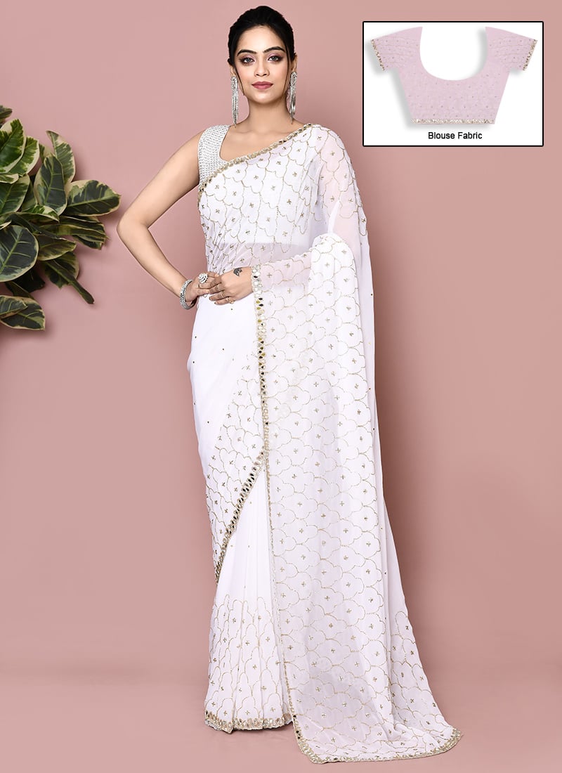 White Georgette Hand Embroidered Saree Wedding Wear