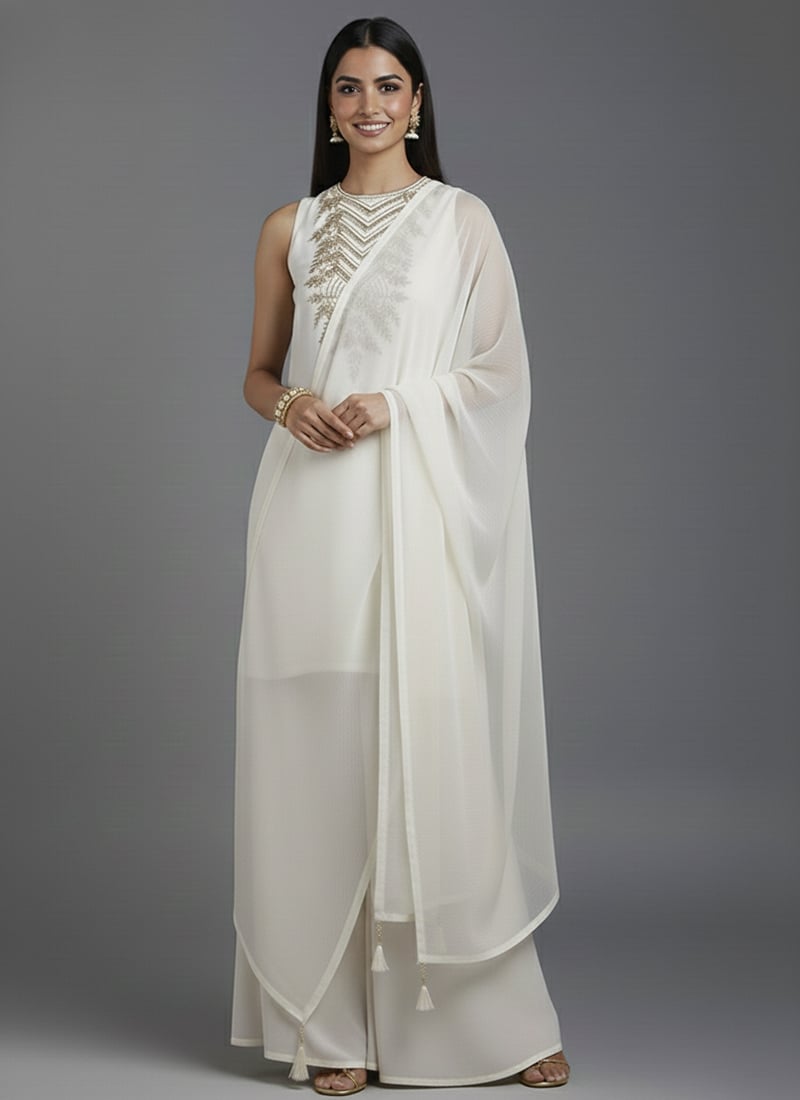White Georgette Hand Embroidered Sequins Palazzo Suit Festive Wear