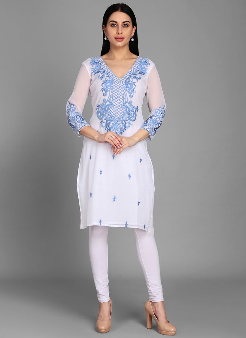 White Georgette Knee Length Kurti