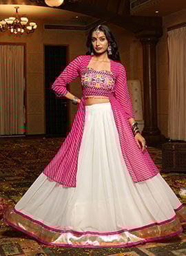 White Georgette Kutch And Mirror Work Long Choli Lehenga