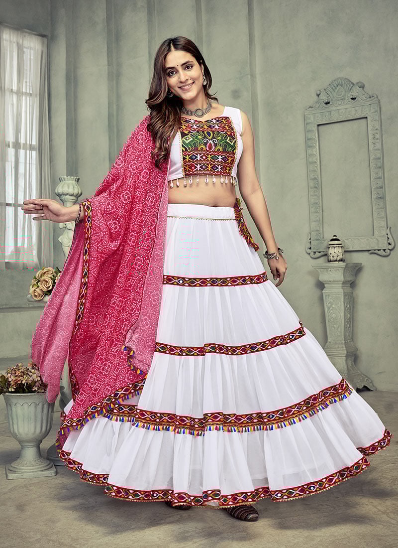 White Georgette Kutch And Mirror Work With Bandhini Print Chaniya Choli Festive Wear